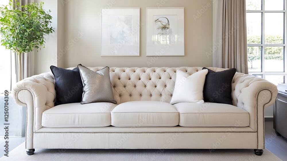 Fototapeta premium Chic Modern Sofa in Soft Beige with Decorative Pillows and Minimalist Interior Design : Generative AI
