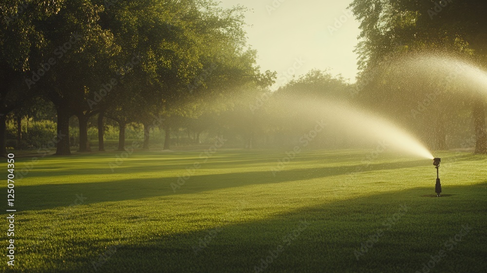Automatic sprinklers spraying dewy water across verdant grass during golden morning light, revealing lush landscape maintenance at park or golf course