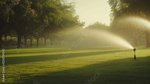 Obraz na płótnie Automatic sprinklers spraying dewy water across verdant grass during golden morning light, revealing lush landscape maintenance at park or golf course w salonie