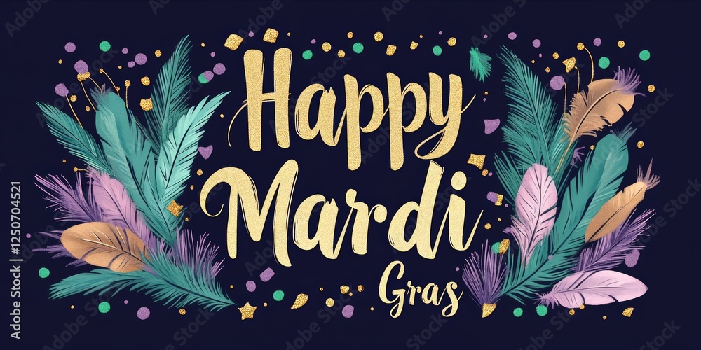 Vibrant golden confetti and iridescent feathers framing festive mardi gras text, radiating colorful celebration and carnival excitement with graphic design flair