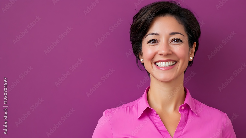 Happy smiling woman in pink shirt against purple background. Happy smiling woman in pink shirt against purple background.