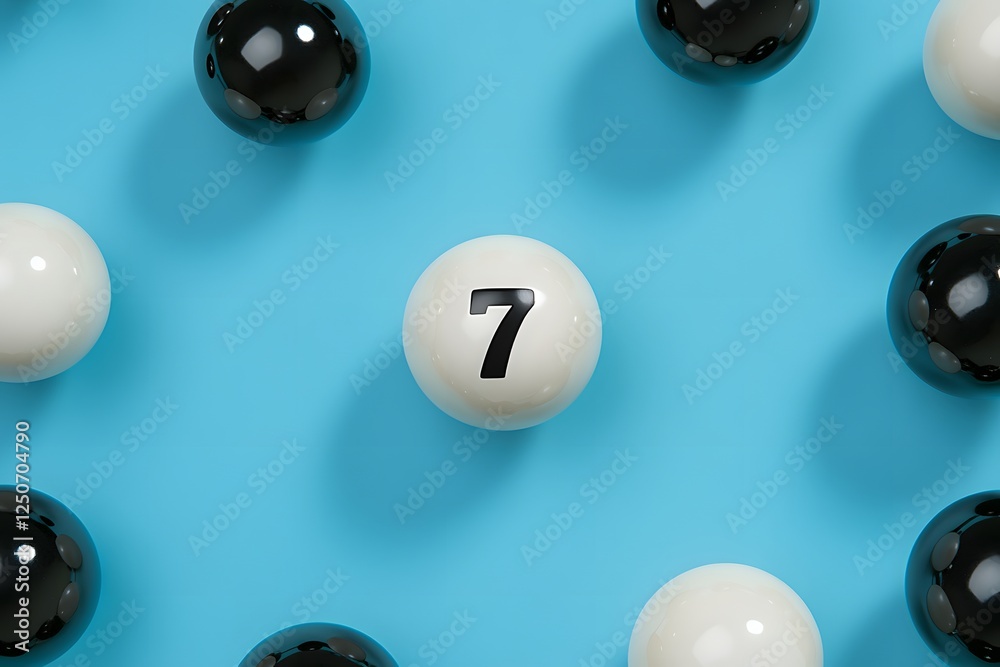 Blue background, seven ball, billiard balls, scattered, game concept Blue background, seven ball, billiard balls, scattered, game concept