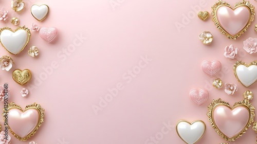 Pink and Gold Hearts with Delicate Flowers on Pink Background © Hambaa