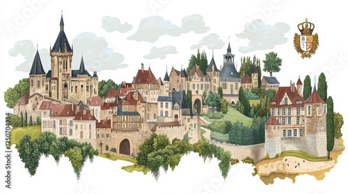 Guyenne french region plate or travel sticker, vector tin sign. French district metal plaque with landmark, region map with crest emblems of France. Guyenne or Guienne old French province photo