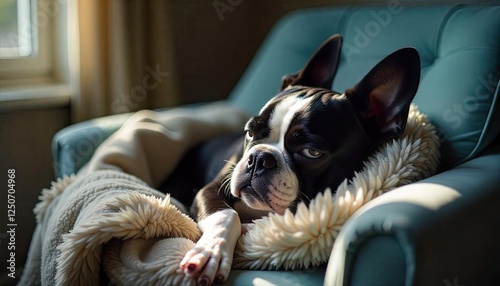 Charming Boston Terrier Relaxing in Cozy Chair: Capturing the Essence of Canine Comfort and Lifestyle Indoors photo