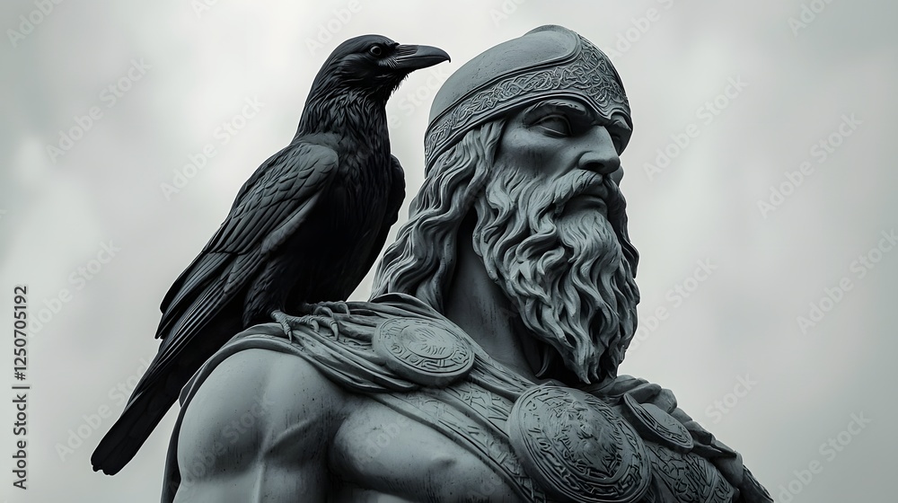 Fototapeta premium 11. A striking statue of Odin with a raven perched on his shoulder and a light gray background