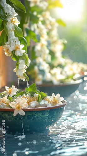 A bowl of flowers is sitting in a body of water