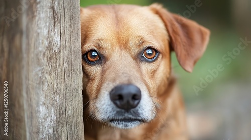 Thoughtful Brown Dog with Sad Eyes Leaning Against a Weathered Wood Post in Nature : Generative AI photo