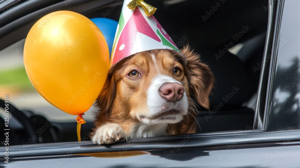 Cheerful canine sporting festive party hat peering from vehicle window, colorful balloons decorating background, radiating celebratory spirit