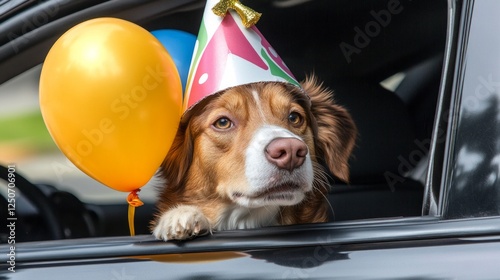Obraz na płótnie Cheerful canine sporting festive party hat peering from vehicle window, colorful balloons decorating background, radiating celebratory spirit w salonie