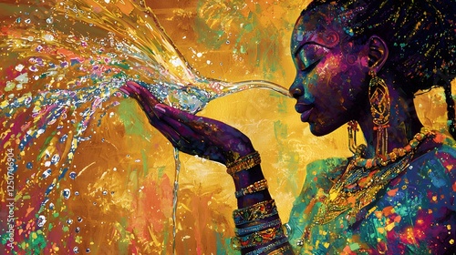 35. A colorful depiction of Oshun pouring water on a golden pastel backdrop