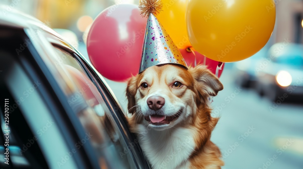 Cheerful pup wearing colorful party hat poking head out car window, celebrating birthday with ballistic balloons under bright sunshine