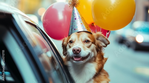 Obraz na płótnie Cheerful pup wearing colorful party hat poking head out car window, celebrating birthday with ballistic balloons under bright sunshine w salonie