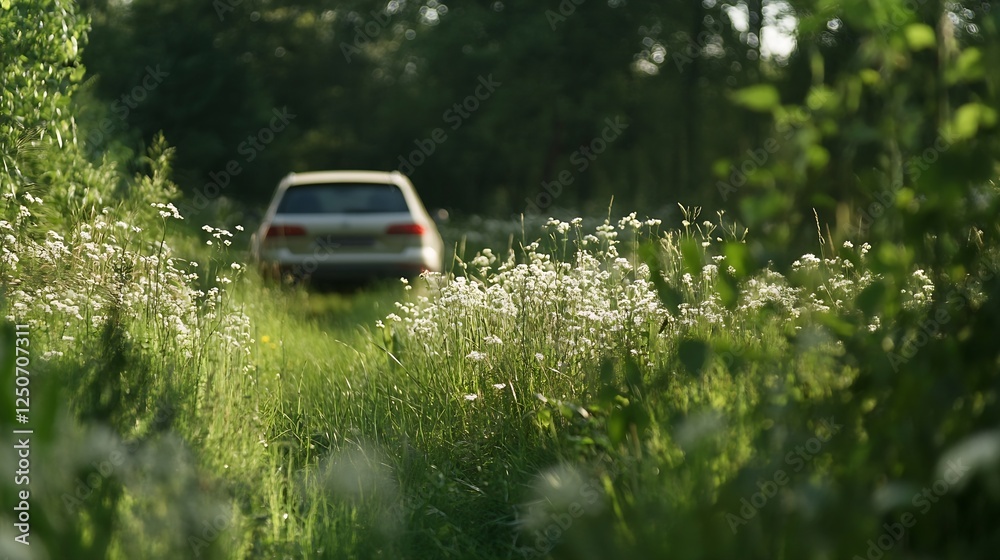 Abandoned Car Covered with Wild Flowers in a Peaceful Green Meadow : Generative AI Abandoned Car Covered with Wild Flowers in a Peaceful Green Meadow : Generative AI
