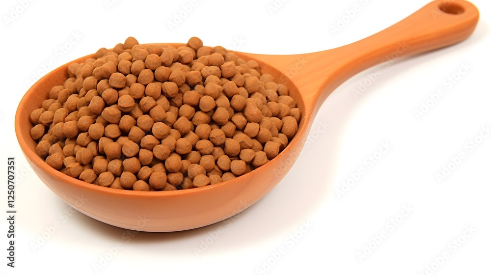 A spoonful of small crunchy food pellets resting on a clean white surface The image has a minimalist studio style composition with a focus on the textural details of the food items A spoonful of small crunchy food pellets resting on a clean white surface The image has a minimalist studio style composition with a focus on the textural details of the food items