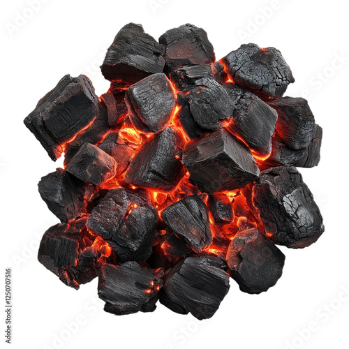 A cluster of glowing charcoal pieces radiating heat, showcasing a blend of dark textures and vibrant orange hues.