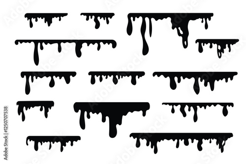 Black melt drops. Flowing liquid dripping from above. Hand drawn liquid paint drops on an isolated background.