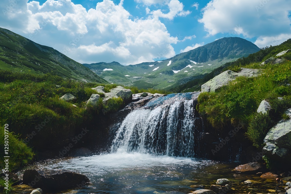 Fototapeta premium Mountain waterfall cascading, clear water, summer, scenic background, nature tourism