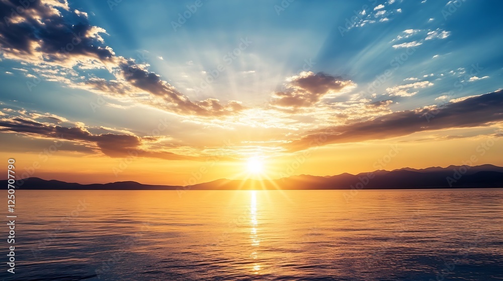 Breathtaking sunset view illuminating the sky with vibrant colors over calm waters and distant mountains : Generative AI Breathtaking sunset view illuminating the sky with vibrant colors over calm waters and distant mountains : Generative AI