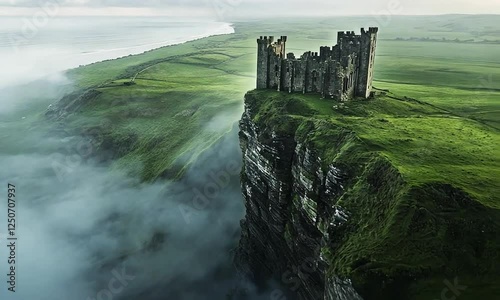 Aerial Shot of an Ancient Castle Perched on a Cliff