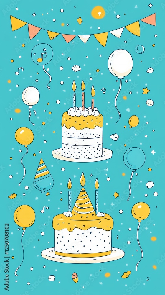 Playful birthday scene with twin decorated cakes, burning candles, colorful balloons, festive party hats on vibrant teal background