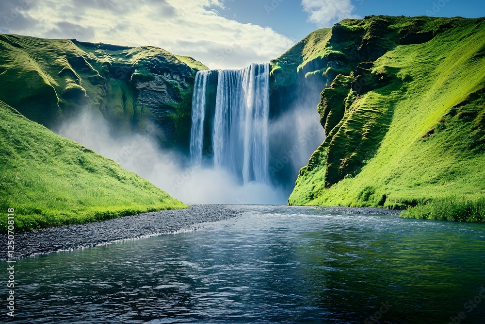 Fototapeta premium Icelandic waterfall, summer, green hills, mist, travel