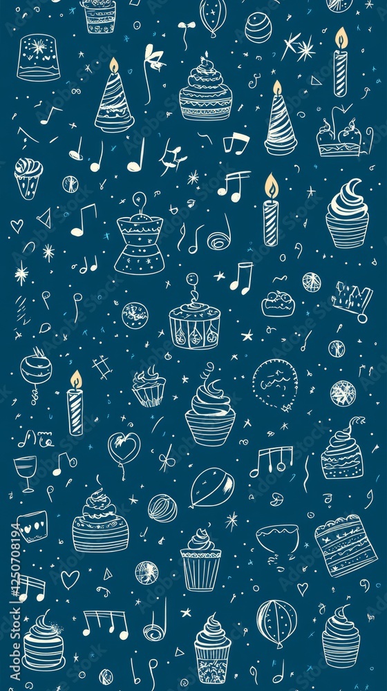 Playful seamless birthday pattern with hand drawn festive elements like cakes, balloons, musical notes dancing across rich blue background, radiating celebratory spirit