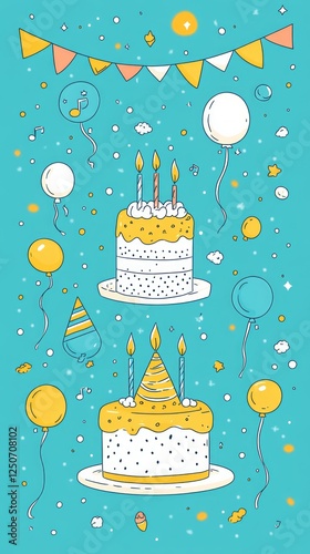 Obraz na płótnie Playful birthday scene with twin decorated cakes, burning candles, colorful balloons, festive party hats on vibrant teal background w salonie