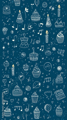 Obraz na płótnie Playful seamless birthday pattern with hand drawn festive elements like cakes, balloons, musical notes dancing across rich blue background, radiating celebratory spirit w salonie