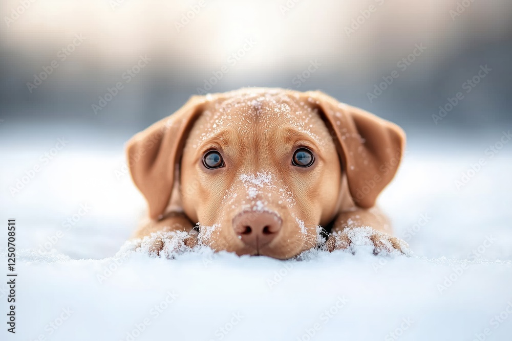 Brown puppy lying in snow with curious expression. Heartwarming winter pet scene for warmth and seasonal themes. Brown puppy lying in snow with curious expression. Heartwarming winter pet scene for warmth and seasonal themes.