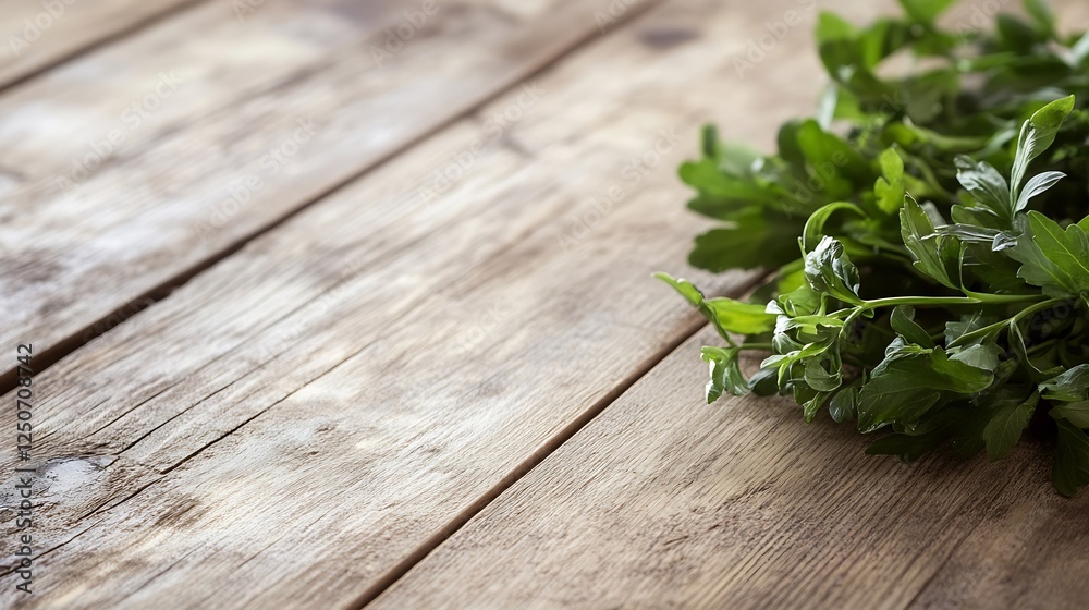 Fresh green herbs laid out on rustic wooden table creating a warm and inviting cooking environment : Generative AI