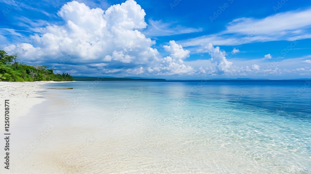 Serene tropical beach with turquoise water and fluffy clouds contrasted by the vibrant green coastline : Generative AI Serene tropical beach with turquoise water and fluffy clouds contrasted by the vibrant green coastline : Generative AI