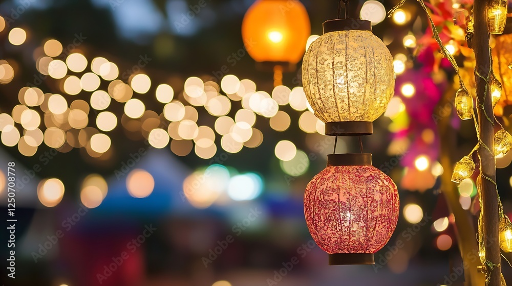 Colorful lanterns glow softly amidst blurred lights creating a magical atmosphere for evening gatherings : Generative AI Colorful lanterns glow softly amidst blurred lights creating a magical atmosphere for evening gatherings : Generative AI