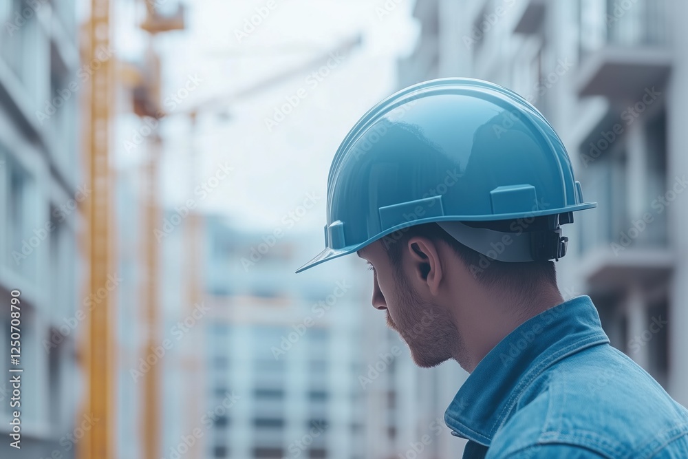 Close-up of a construction worker wearing a blue safety helmet on a construction site with cranes in the background. Workplace safety and focus. Close-up of a construction worker wearing a blue safety helmet on a construction site with cranes in the background. Workplace safety and focus.
