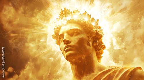 51. A radiant depiction of Helios with his solar crown on a golden pastel sky background