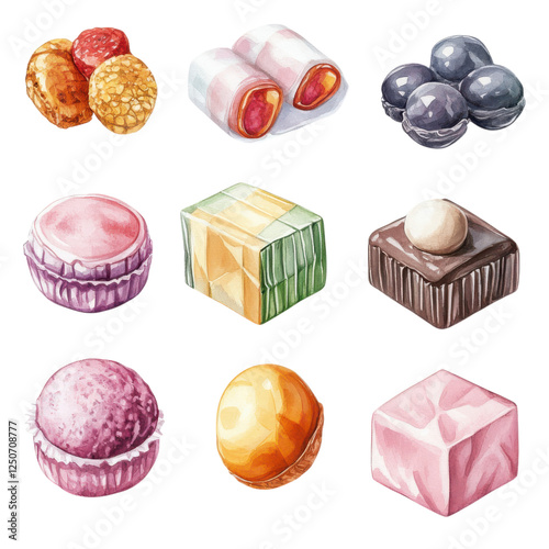 A colorful assortment of various candies and confections arranged in a grid pattern, showcasing different shapes and textures.