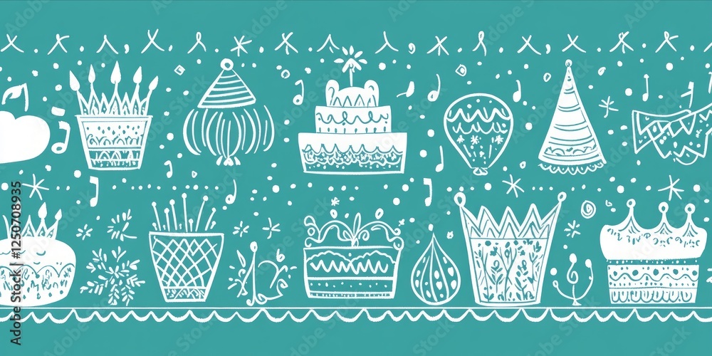 Colorful hand drawn birthday party elements including cakes, balloons, musical notes, confetti, and crowns decorating festive celebratory banner background
