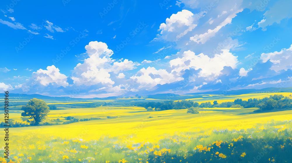 Obraz premium 広がる大地と花々｜牧歌的な田園の風景