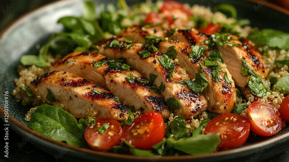 Grilled chicken breast slices on quinoa salad with cherry tomatoes and greens. Grilled chicken breast slices on quinoa salad with cherry tomatoes and greens.