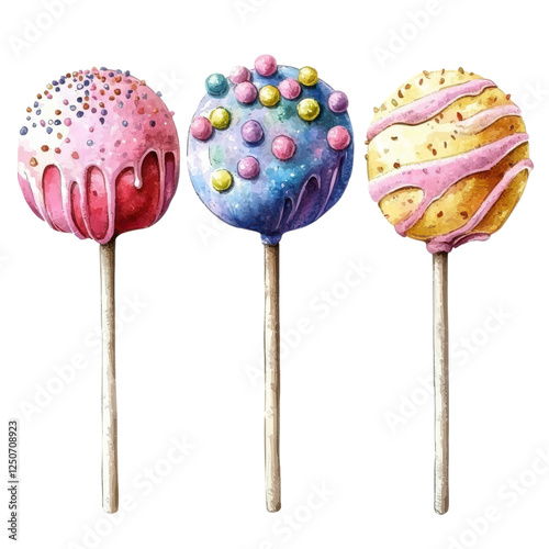 Colorful cake pops adorned with sprinkles and drizzles, showcasing vibrant designs and playful patterns.
