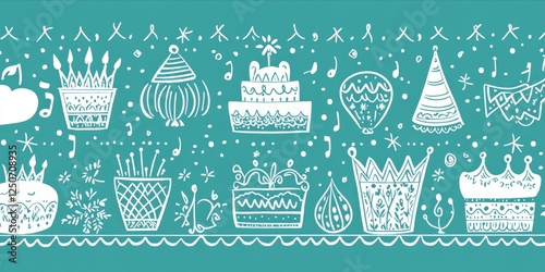 Obraz na płótnie Colorful hand drawn birthday party elements including cakes, balloons, musical notes, confetti, and crowns decorating festive celebratory banner background w salonie