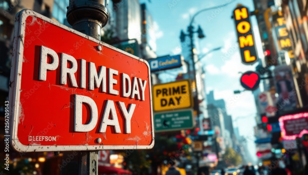 Obraz premium Prime Day Sign on Street with Cityscape Background for Shopping Season