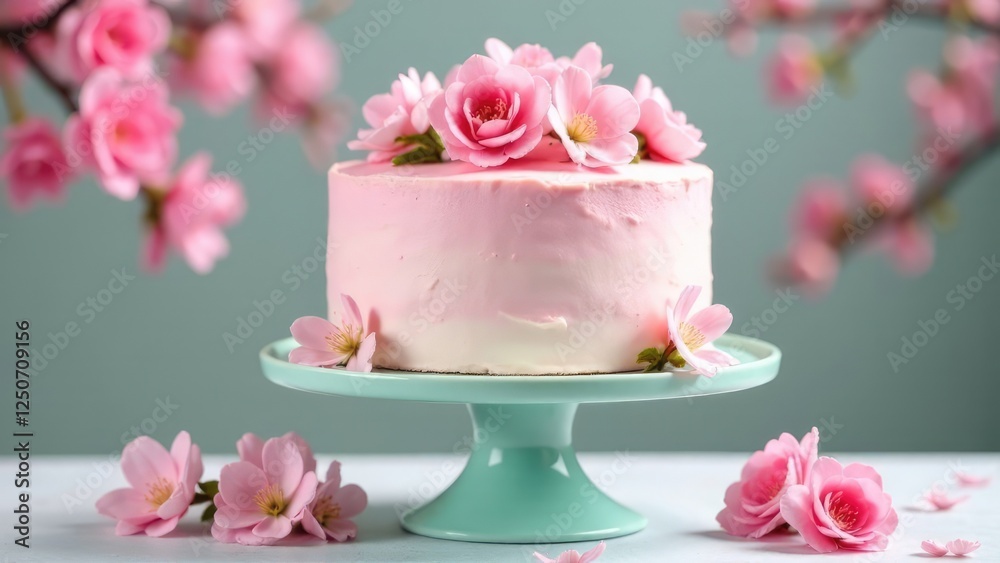 Easter cake with pink decor, Easter eggs, spring flowers, Easter symbols Easter cake with pink decor, Easter eggs, spring flowers, Easter symbols