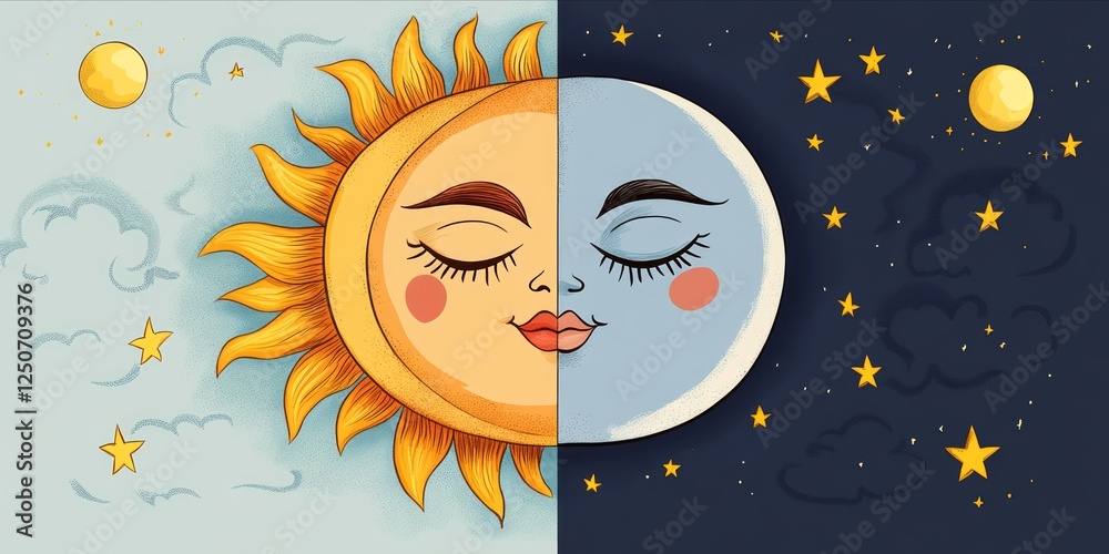 Celestial illustration depicting sun and moon forming unified face, representing rhythmic day night passage, surrounded by twinkling stars and drifting clouds