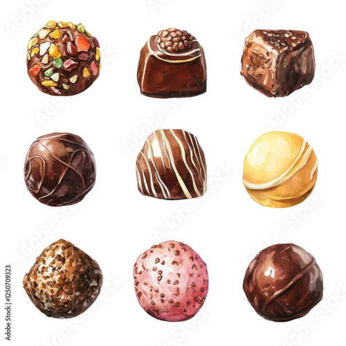 A collection of assorted chocolates displayed in a grid, featuring various shapes and toppings.