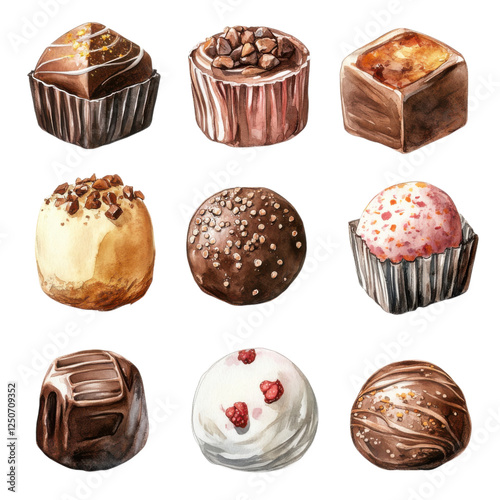 A variety of chocolates displayed in an artistic arrangement, showcasing different shapes, textures, and toppings.