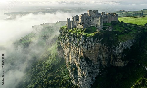 Aerial Shot of an Ancient Castle Perched on a Cliff