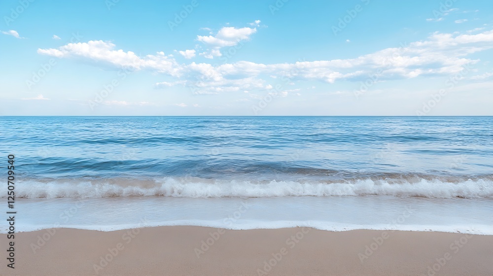 Tranquil ocean view with gentle waves lapping on a sandy beach under a clear blue sky summer day : Generative AI Tranquil ocean view with gentle waves lapping on a sandy beach under a clear blue sky summer day : Generative AI