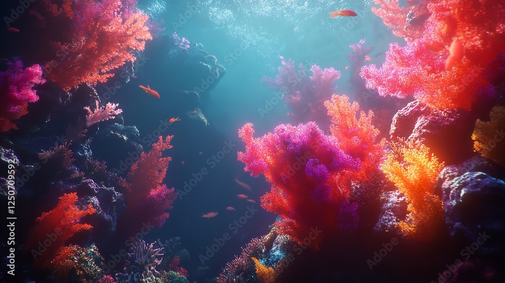 A tranquil underwater landscape featuring a variety of sea plants and exotic marine animals in a thriving coral reef. A tranquil underwater landscape featuring a variety of sea plants and exotic marine animals in a thriving coral reef.