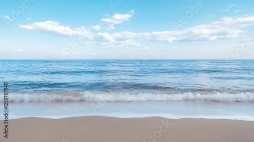 Tranquil ocean view with gentle waves lapping on a sandy beach under a clear blue sky summer day : Generative AI